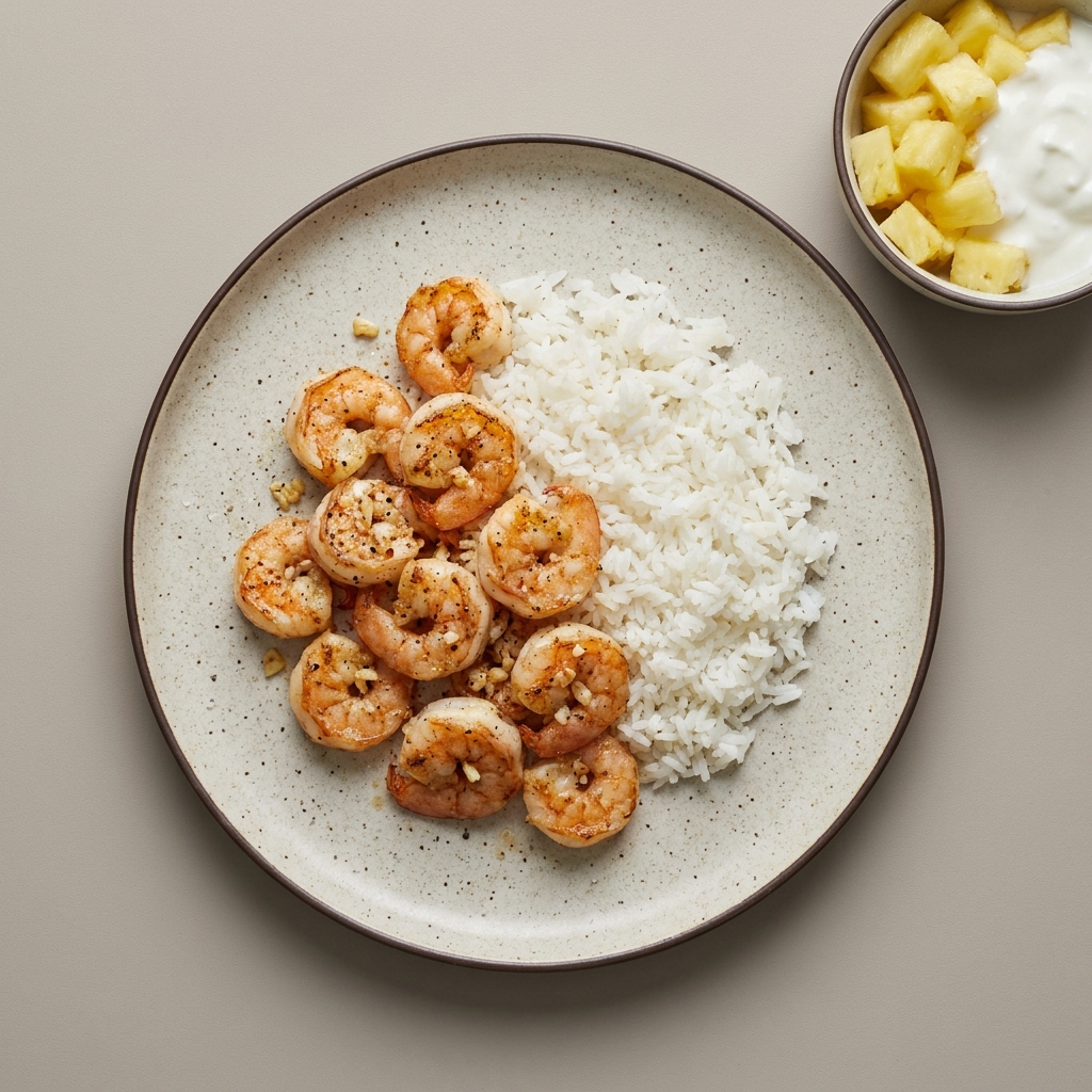 Camarones a la plancha con arroz y bowl de piña con yogurt