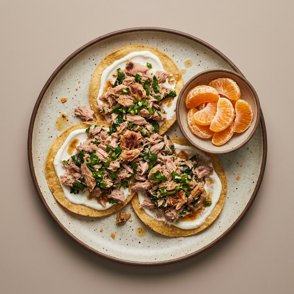 Tostadas de atún con jocoque y bowl de mandarina