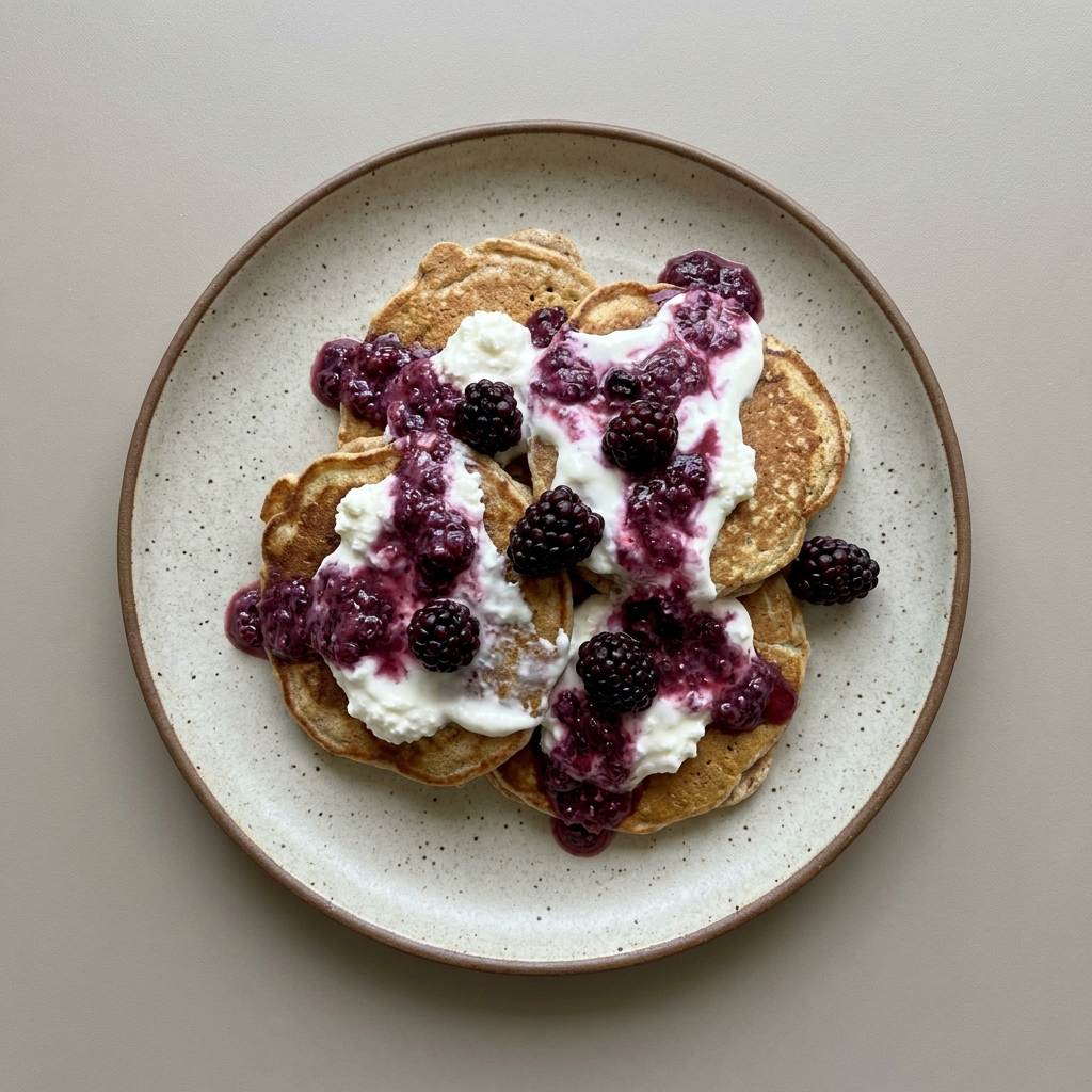 Hotcakes de requesón con zarzamora y jocoque