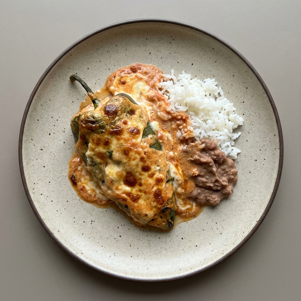 Chiles poblanos rellenos de frijol y queso panela al horno en salsa cremosa de jitomate, con arroz