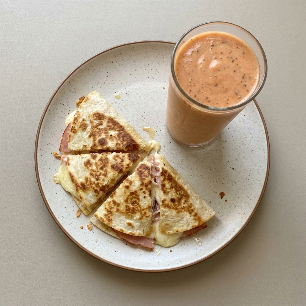 Quesadilla de jamón y queso oaxaca, con licuado de mamey y linaza
