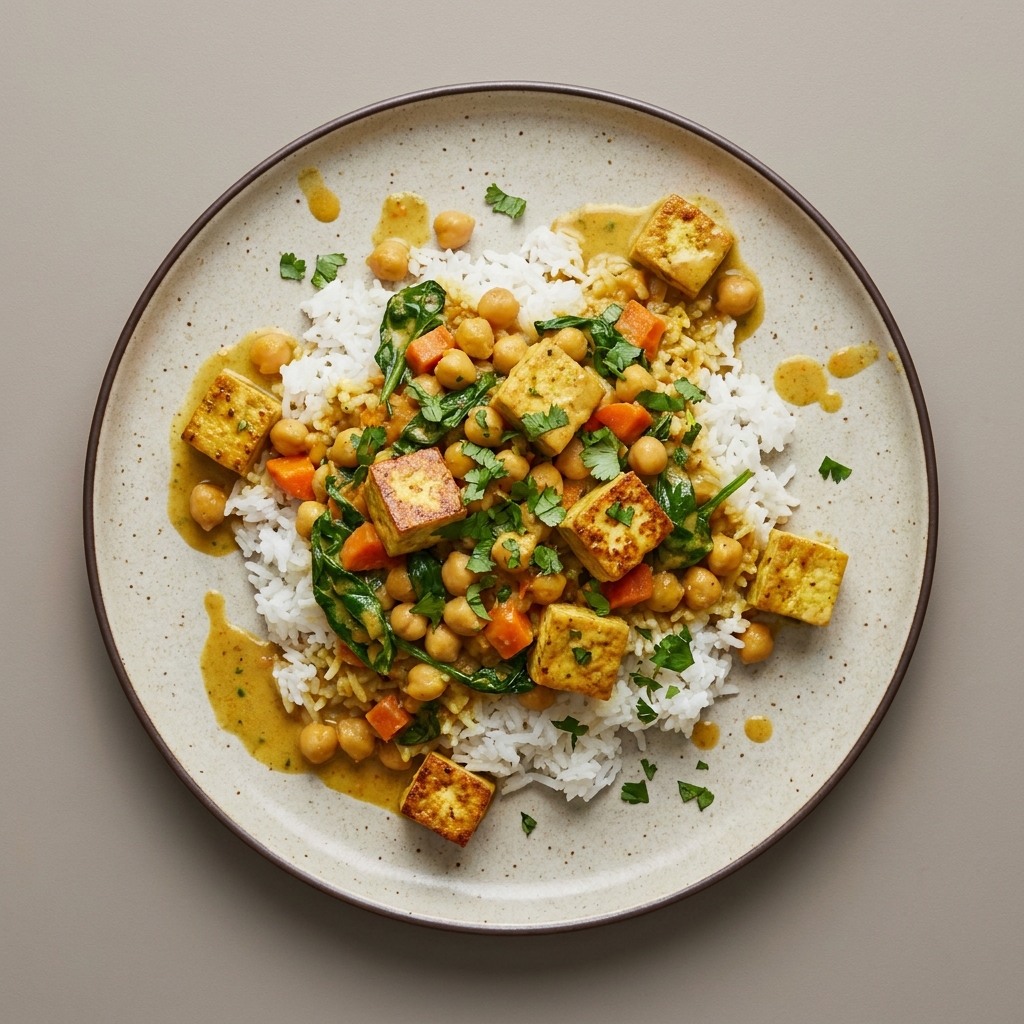 Curry de garbanzo y tofu, con espinaca, zanahoria y arroz