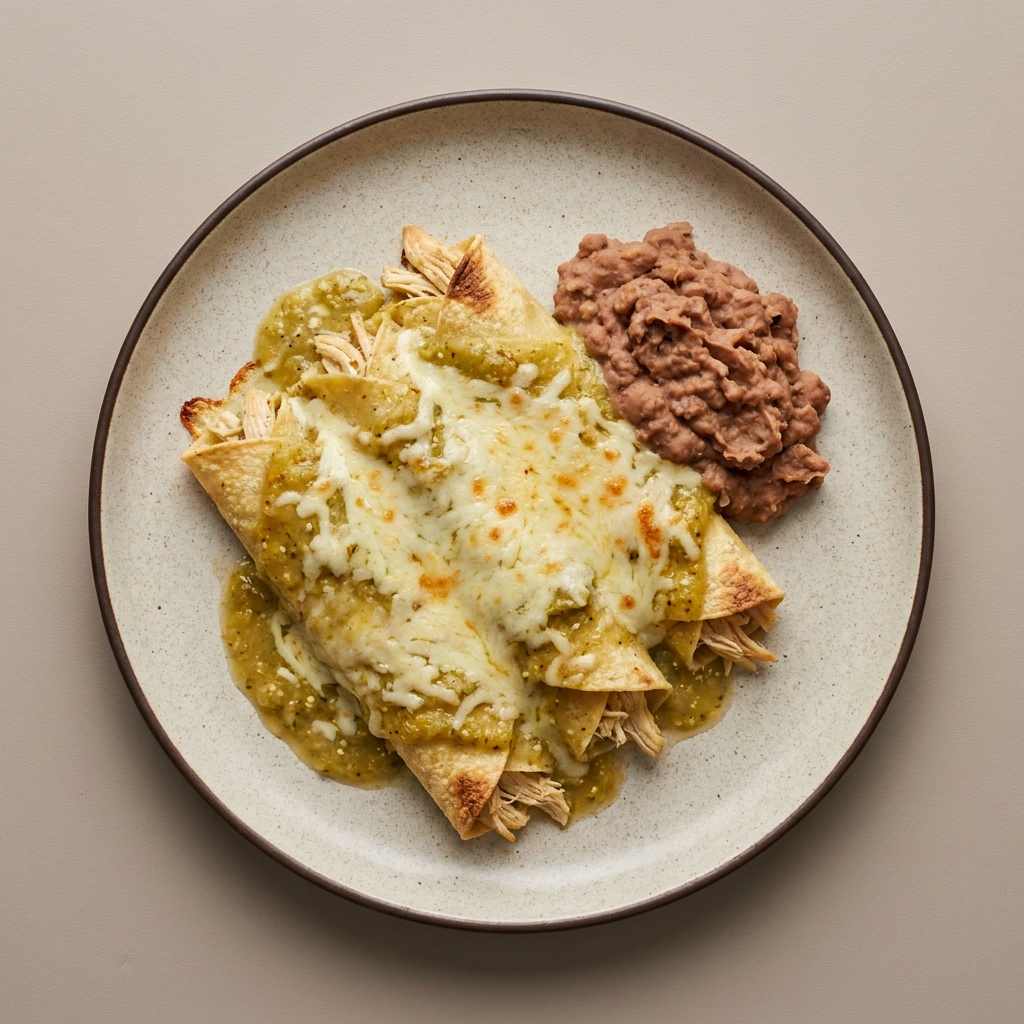 Enchiladas de pollo gratinadas con frijoles refritos