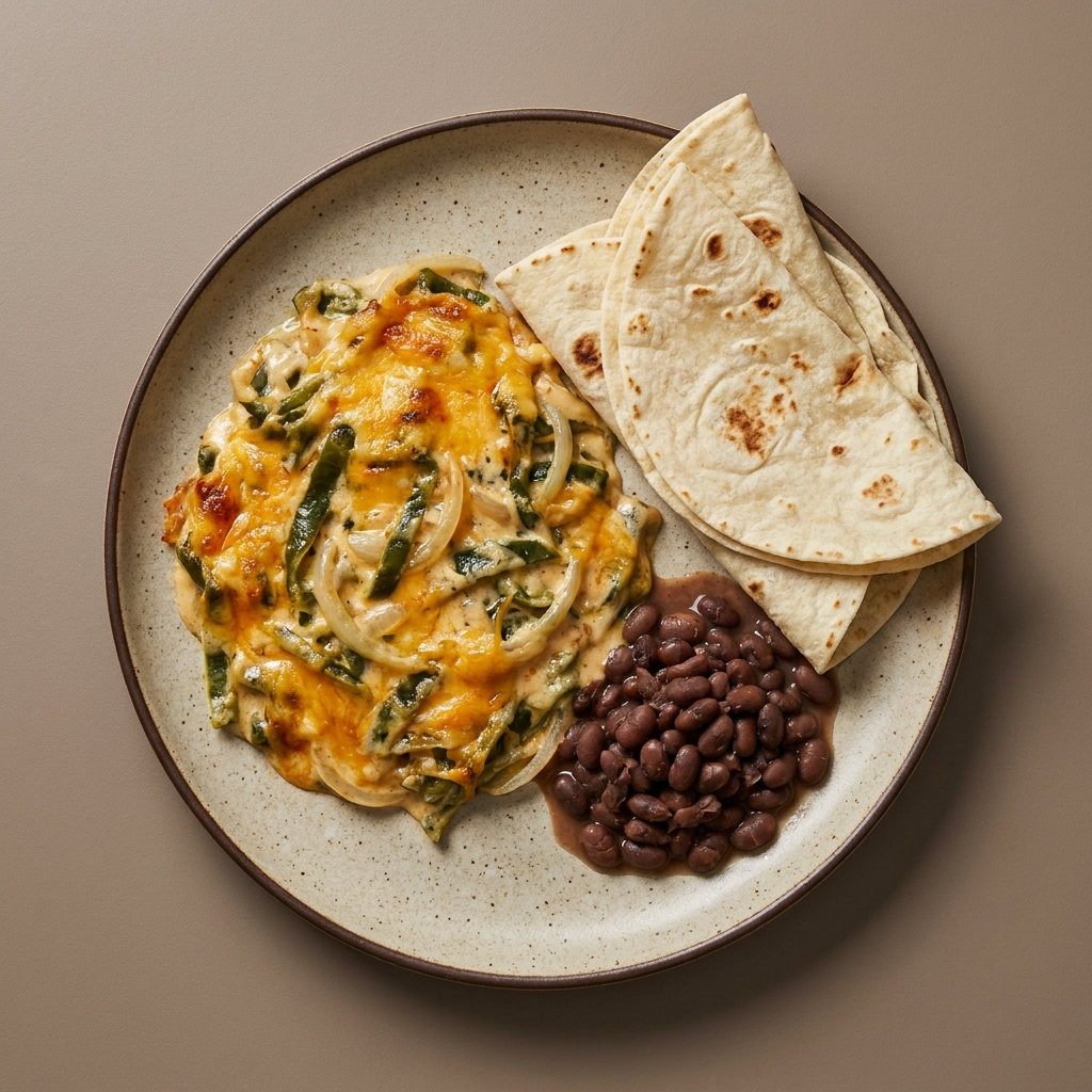 Rajas con queso acompañado de tortilla de harina