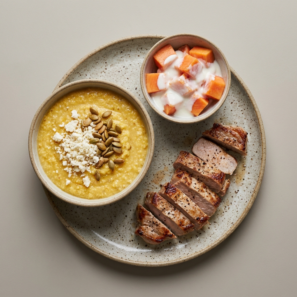 Crema de elote con lomo a la plancha y bowl de papaya con yogurt