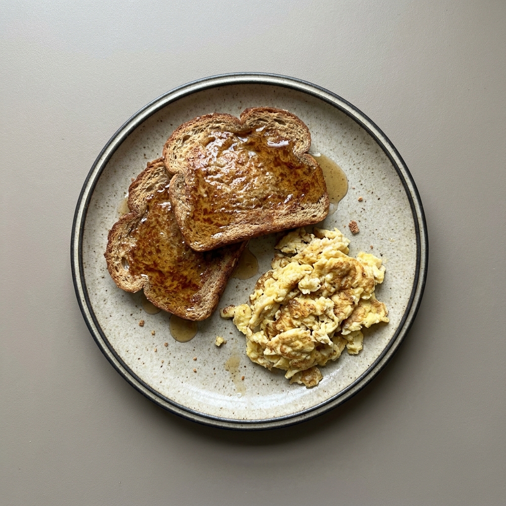Pan francés con miel de maple y huevo revuelto