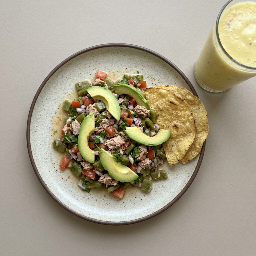 Ensalada de nopales con atún, aguacate y tostadas, con licuado de piña y linaza