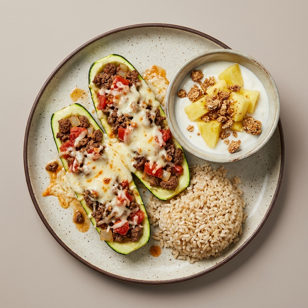 Calabacitas rellenas de res molida gratinadas, con arroz integral y bowl de yogurt con piña y barra de granola