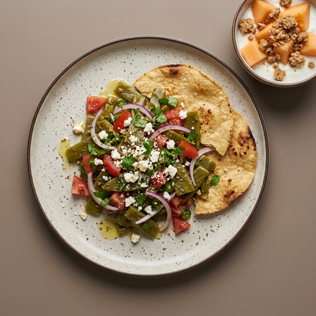 Ensalada de nopales con queso cotija, con bowl de yogurt, melón y barra de granola