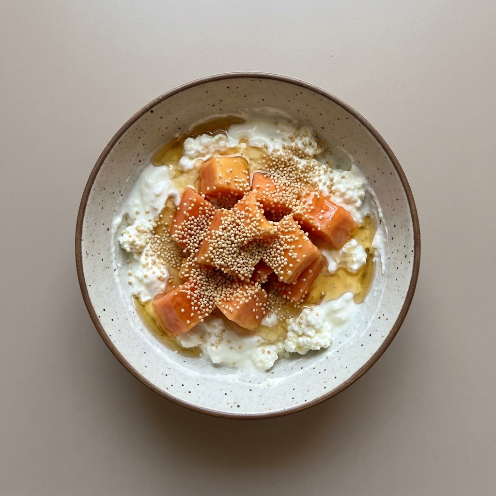 Bowl de yogurt griego con requesón, papaya, amaranto y miel