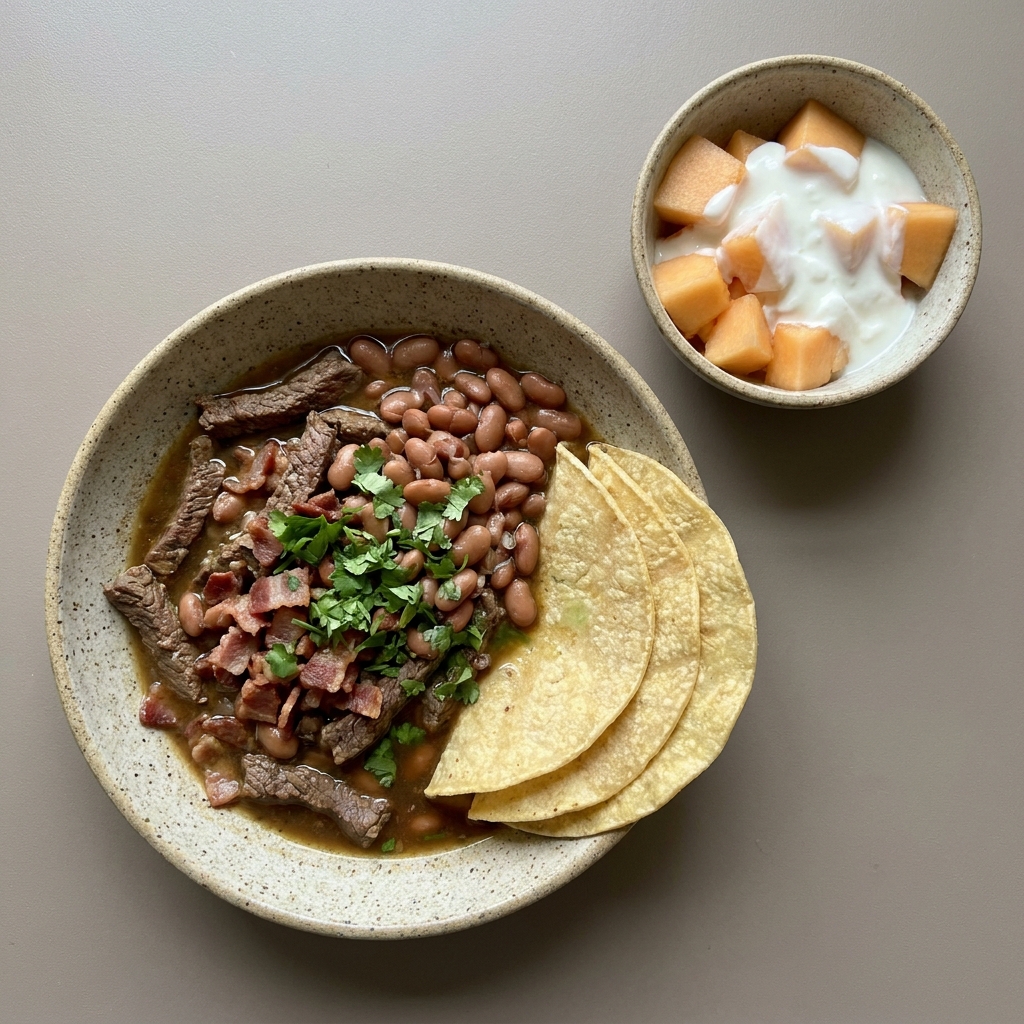 Carne en su jugo con frijoles y tortillas con bowl de yogurt y melón