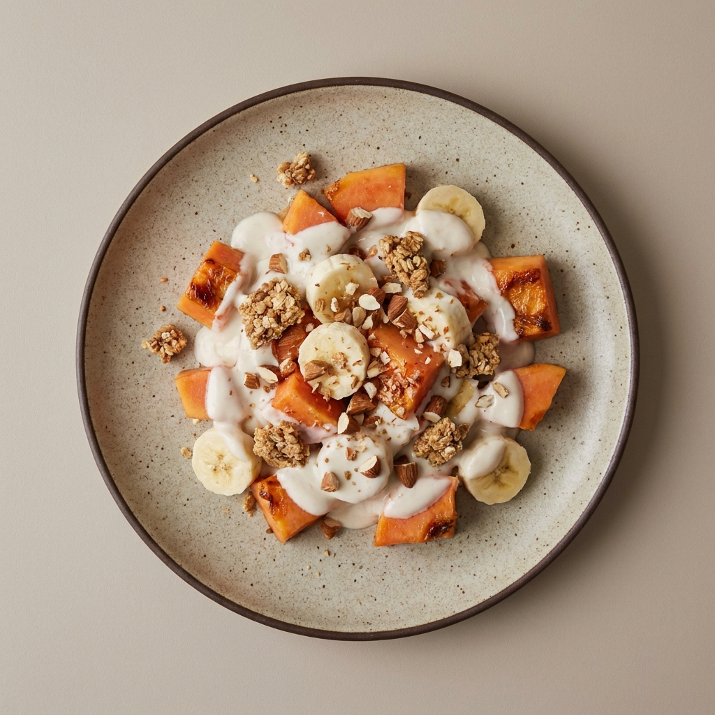 Bionico de papaya y plátano con yogurt y barra de granola con almendra