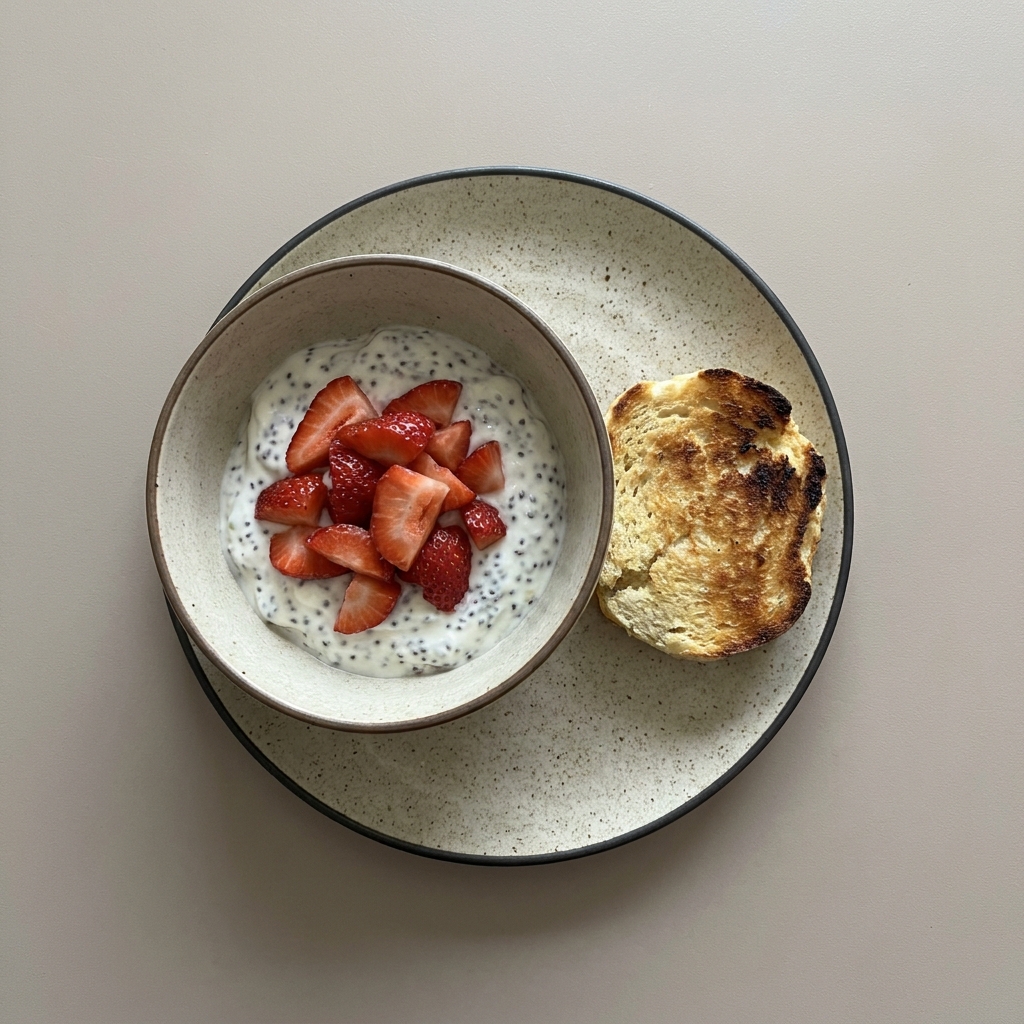 Yogurt con chía y fresas con bisquet tostado