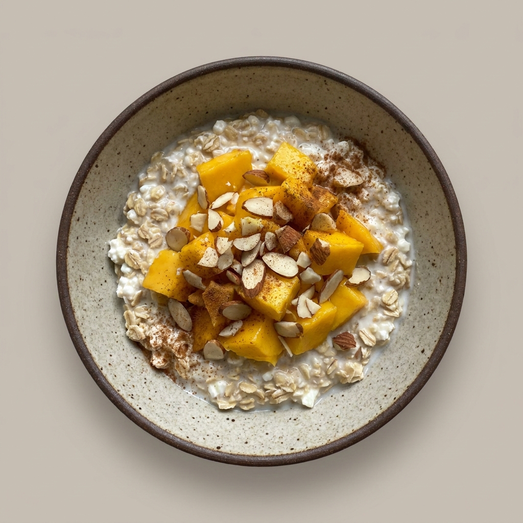 Avena overnight con yogurt, queso cottage, mango y almendra