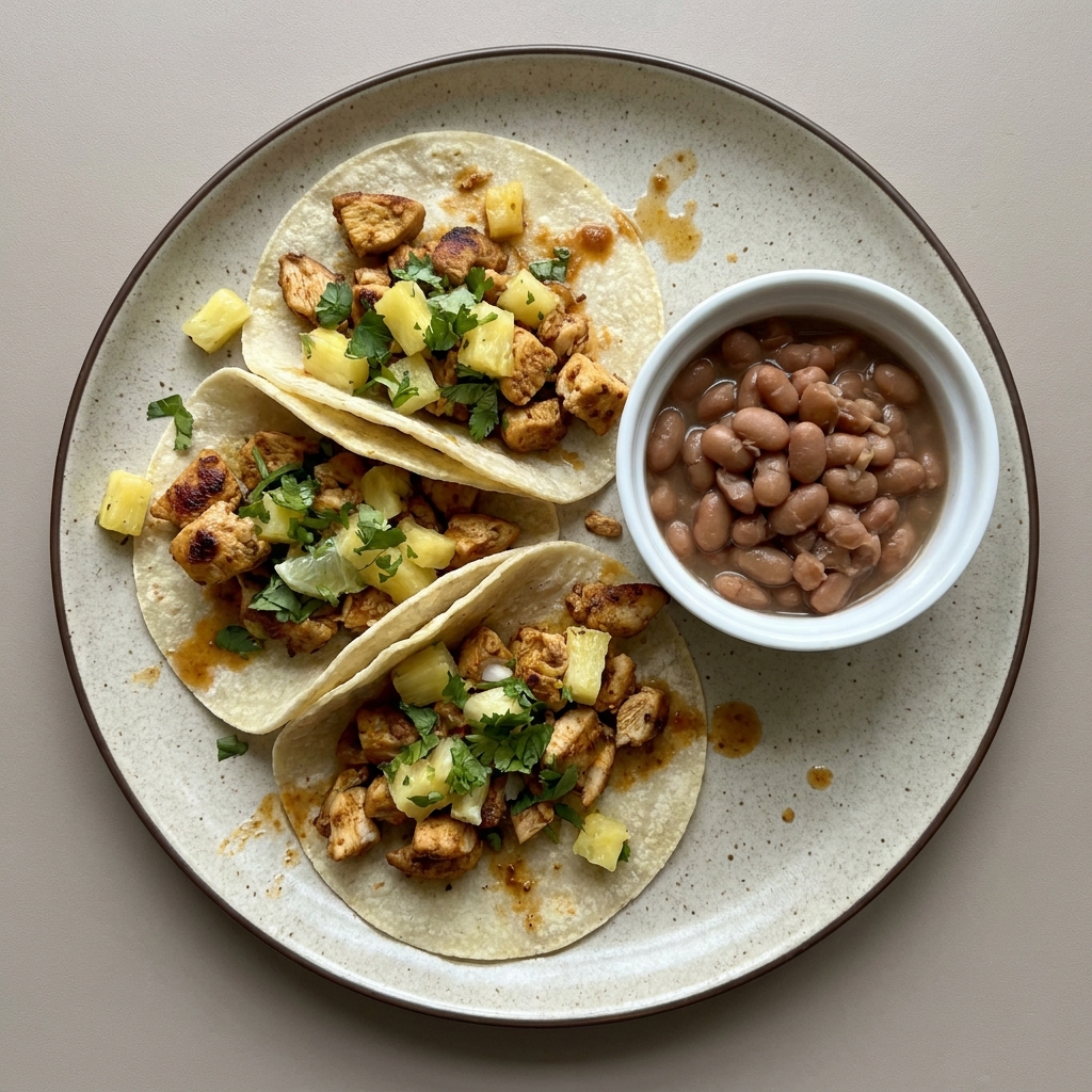 Tacos de pollo al pastor con piña y frijoles de la olla
