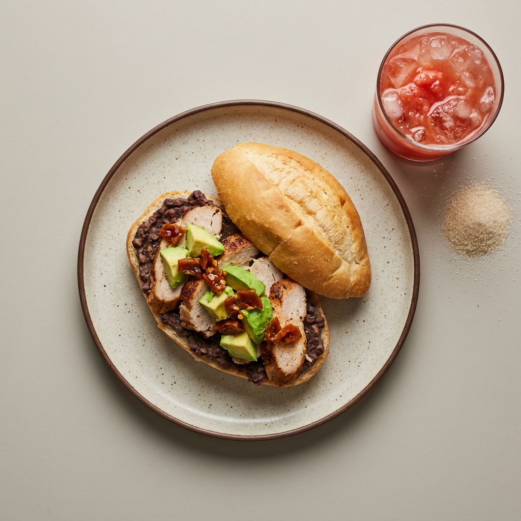 Torta de pechuga de pavo con frijoles y aguacate, con agua de sandía