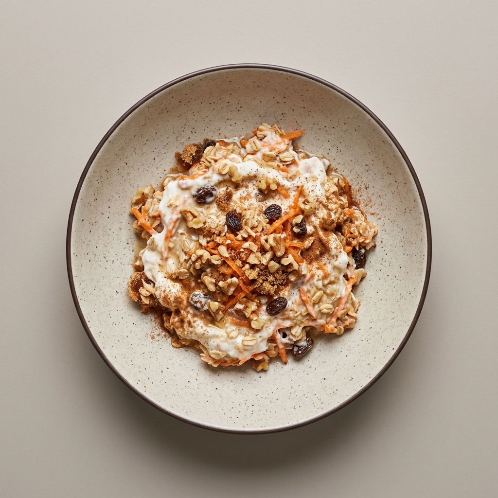 Avena de zanahoria con yogurt griego, nuez y pasitas