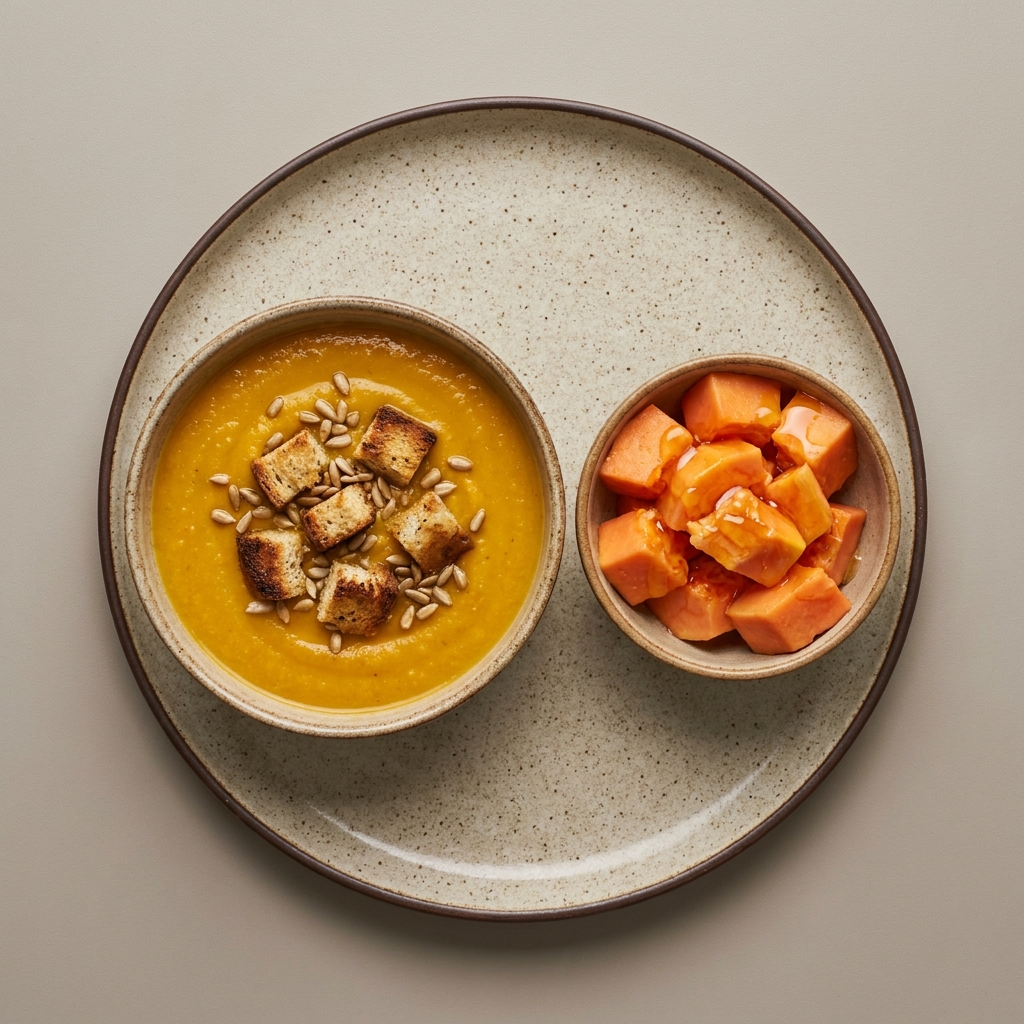 Crema de zanahoria con croutones y semillas de girasol, con bowl de papaya con miel