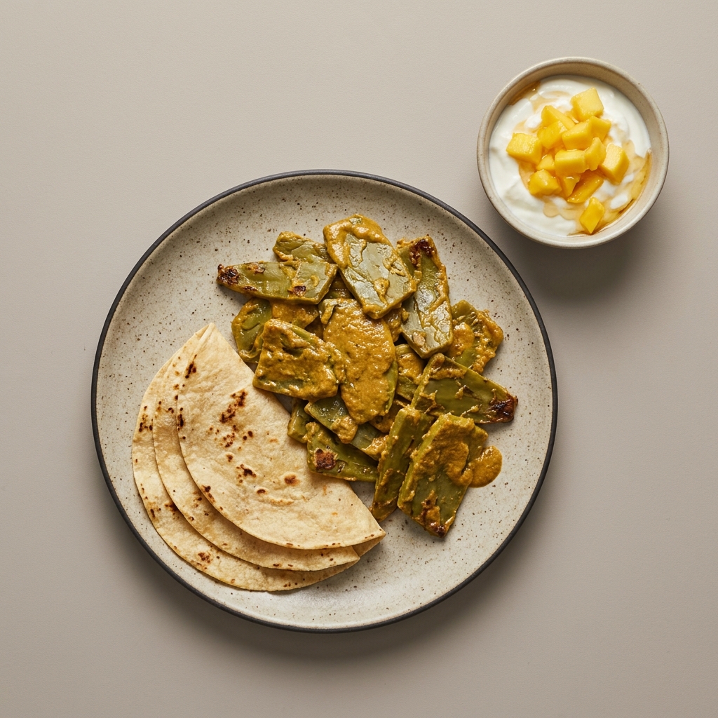 Nopales en pipián de pepita con tortillas, con bowl de yogurt con mango y miel