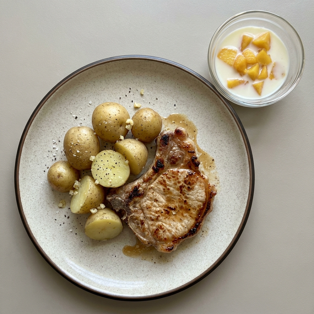 Chuleta de cerdo a la plancha con papas cambray y gelatina de leche con durazno