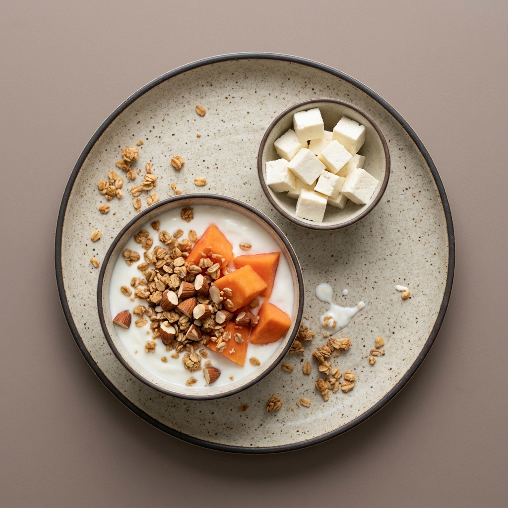 Bowl de papaya con yogurt natural, granola, y almendra acompañado de queso panela