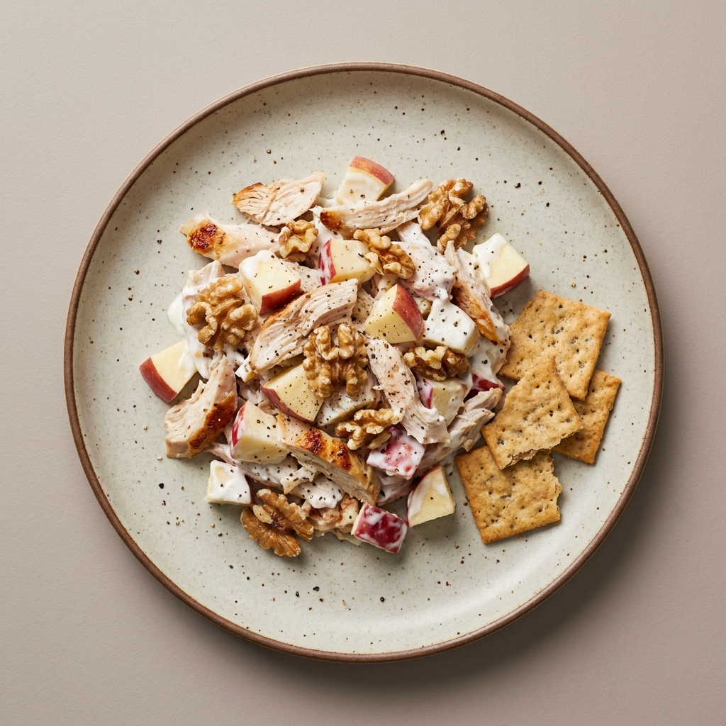 Ensalada de manzana con pollo, nuez y yogurt, con galletas habaneras
