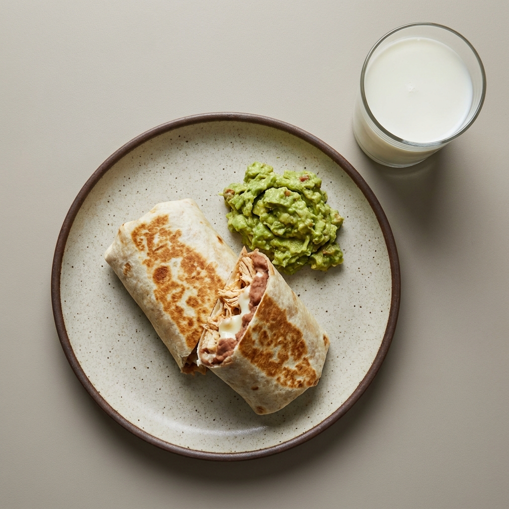Burrito de pollo con queso y frijoles, con guacamole y vaso de leche