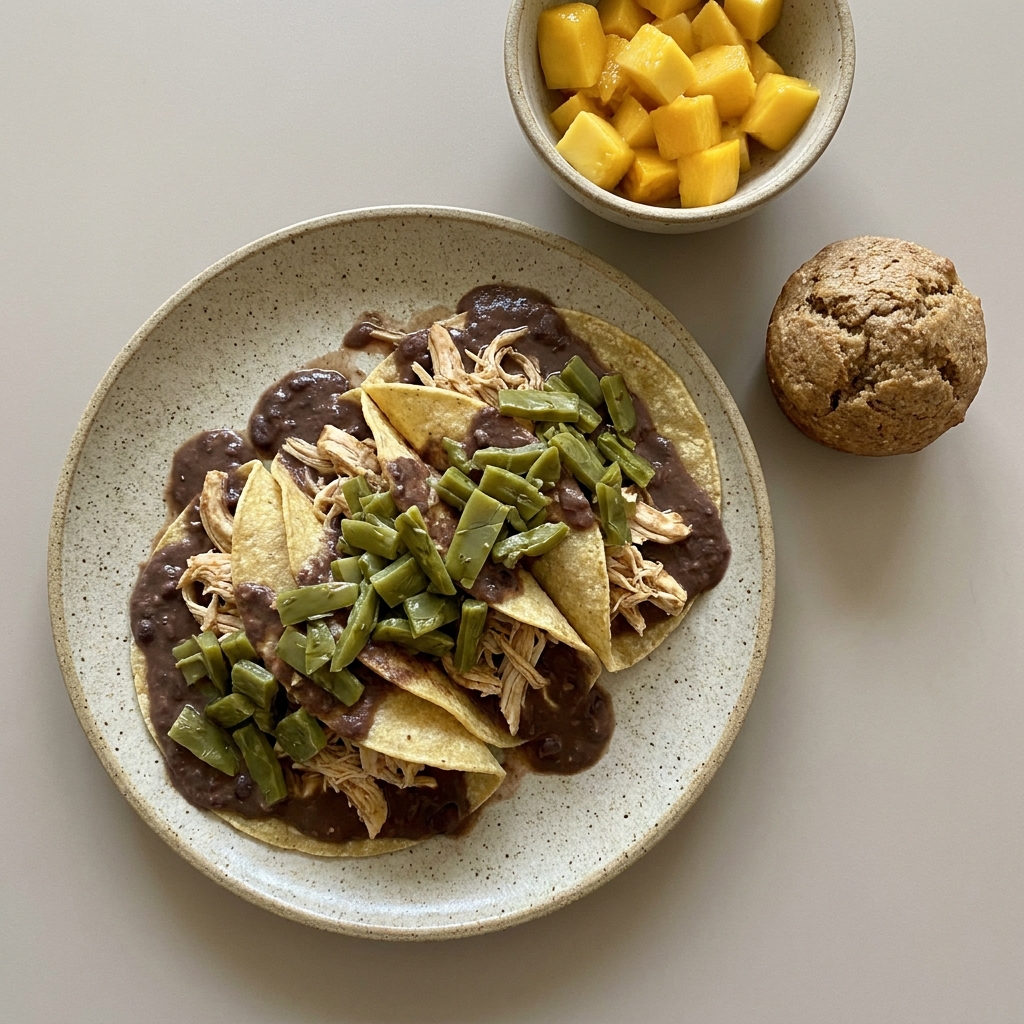 Enfrijoladas de pollo deshebrado con nopales, con bowl de mango y muffin