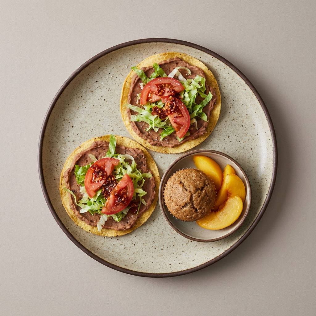 Tostadas de frijol con lechuga y jitomate, y muffin integral con bowl de durazno