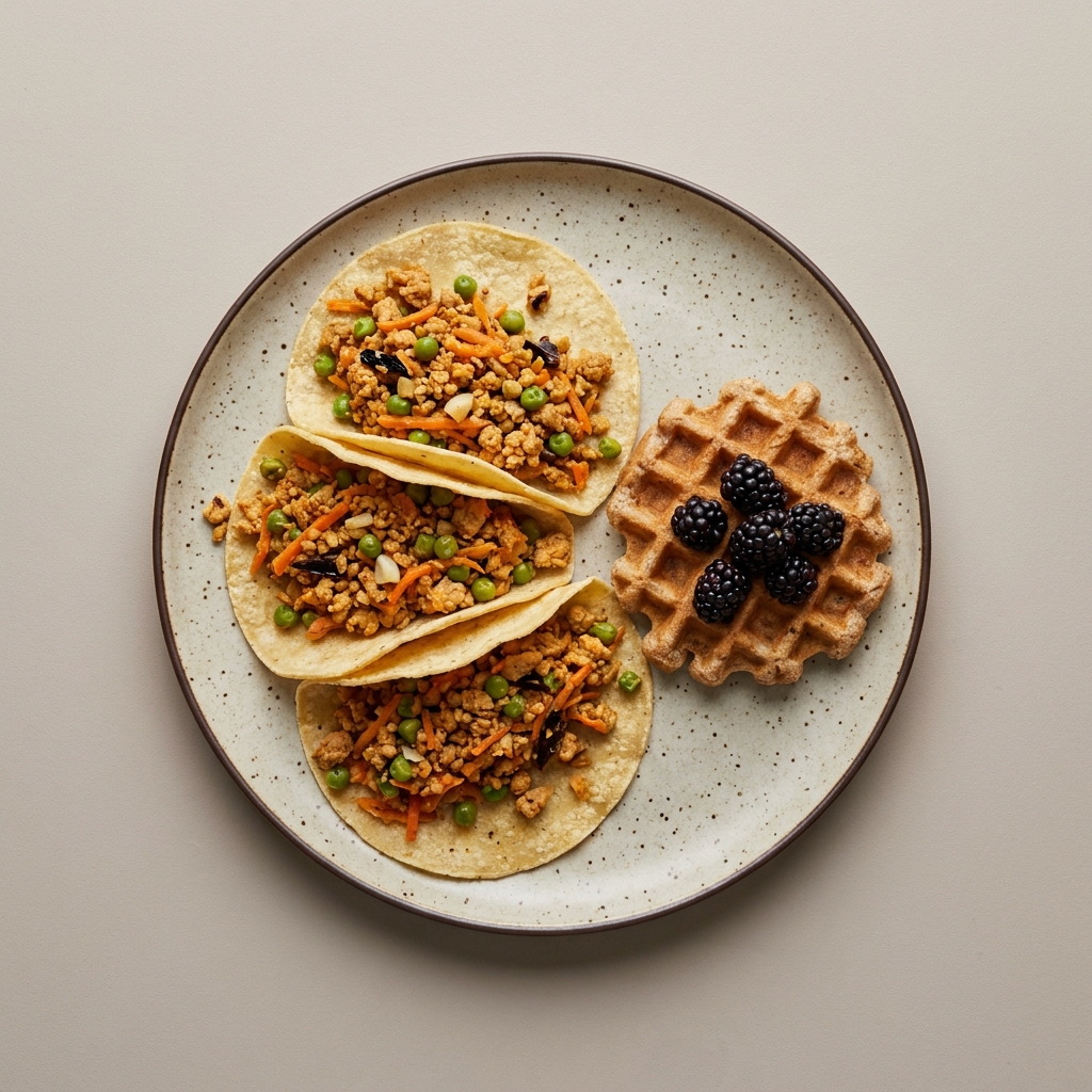 Tacos de picadillo de soya con zanahoria y chícharo, y wafle integral con mora