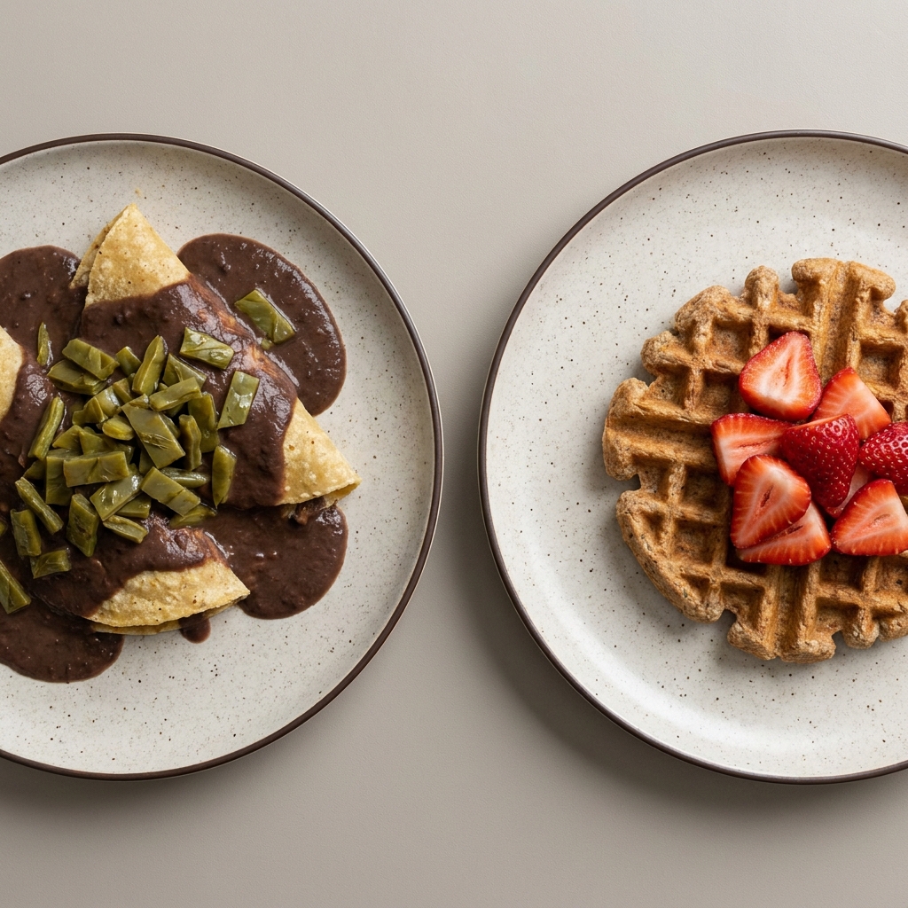 Enfrijoladas con nopales, y wafle integral con fresa