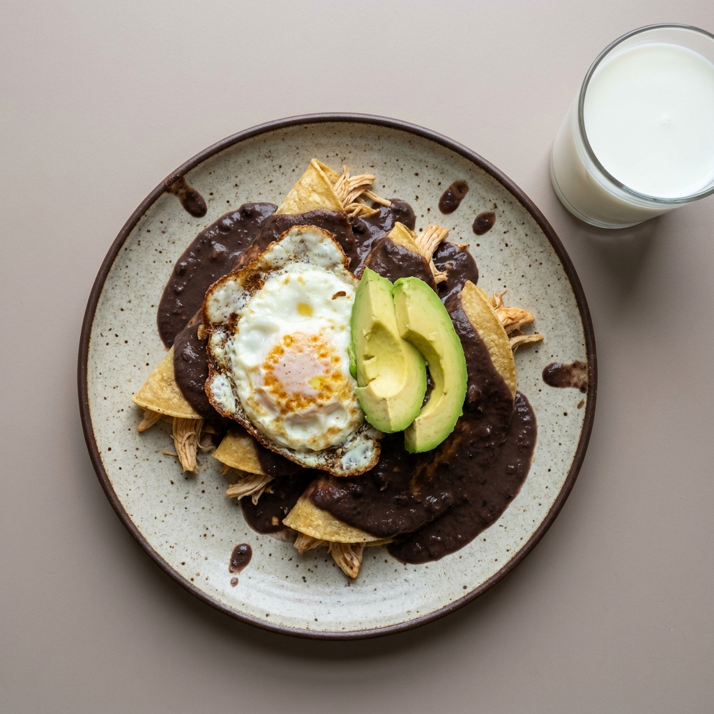 Enfrijoladas de pollo con huevo y aguacate, con vaso de leche