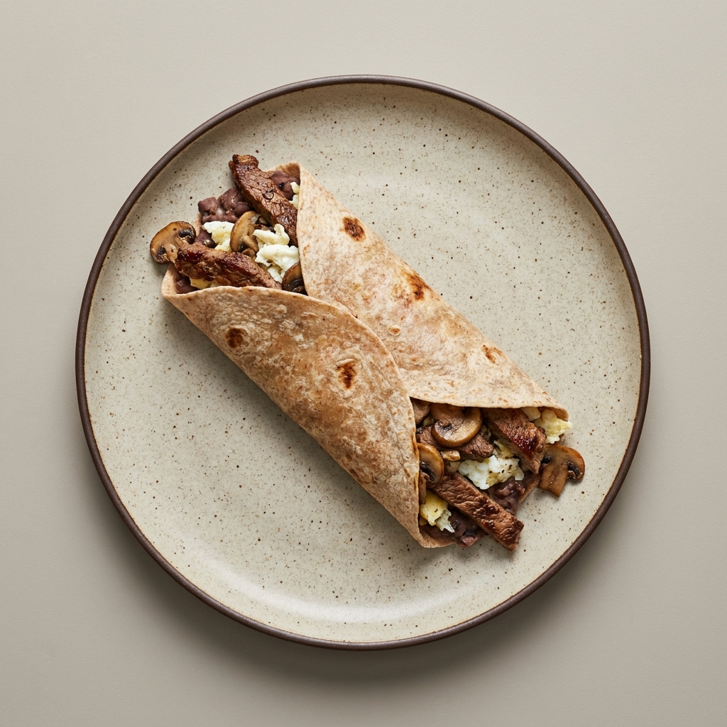Burrito de bistec con clara de huevo, champiñones y frijoles