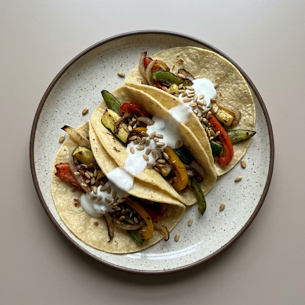Tacos de verduras asadas con crema de yogurt y semillas de girasol