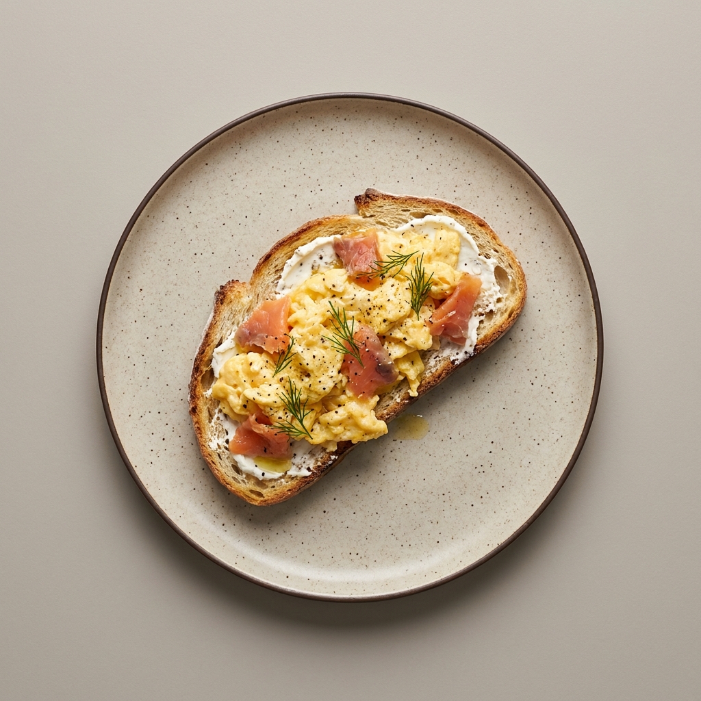 Pan tostado con salmón ahumado, huevo y queso crema