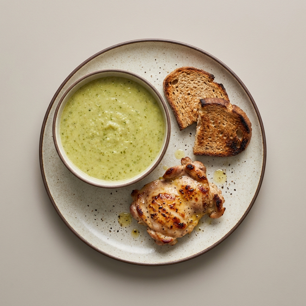 Crema de calabacita con muslo de pollo a la plancha  y pan tostado