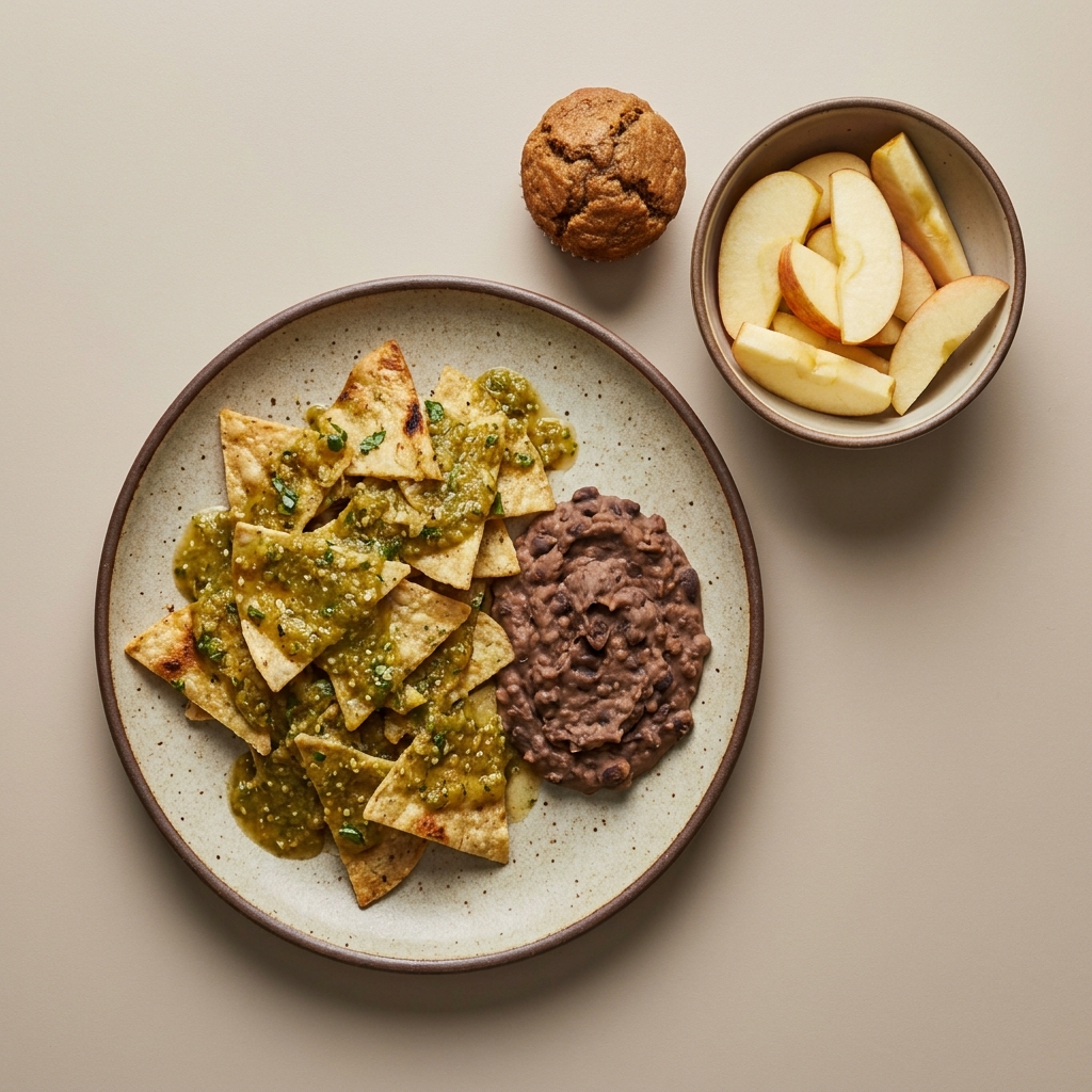 Chilaquiles verdes con frijoles, muffin integral y bowl de manzana