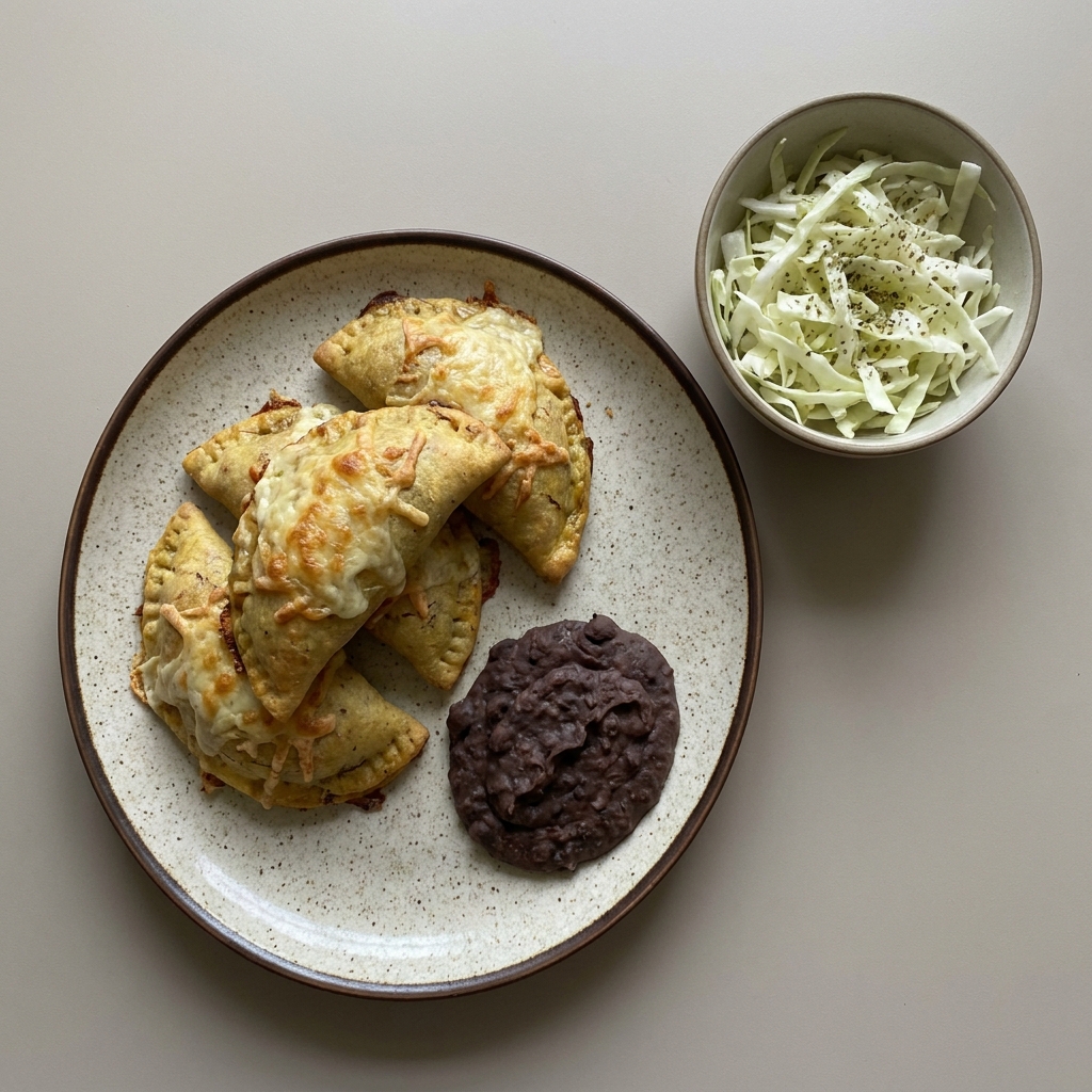 Empanadas de plátano macho rellenas de frijol y queso oaxaca acompaña con de ensalada de col