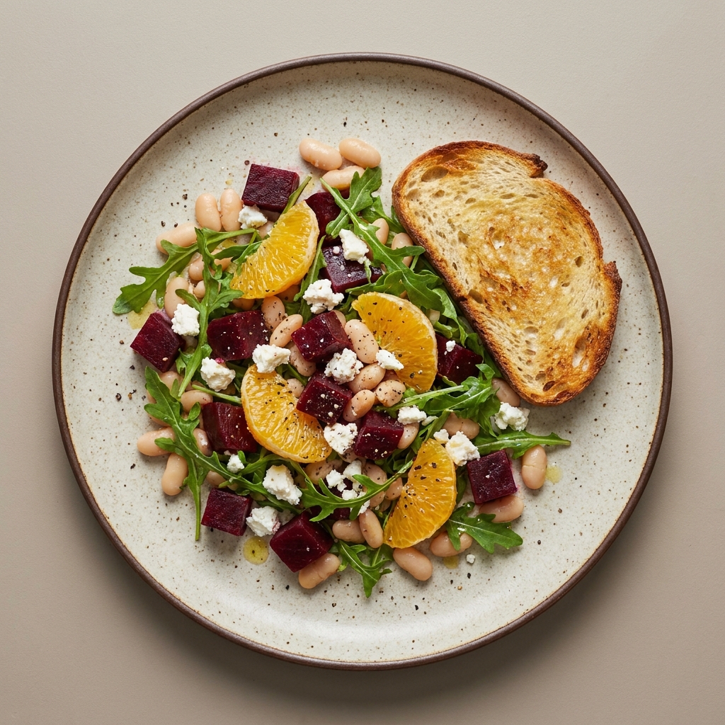 Ensalada de betabel y queso feta, acompañada de pan de masa madre