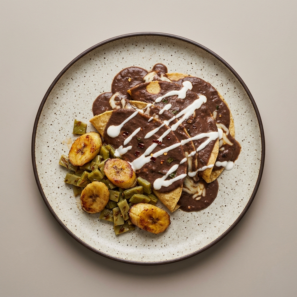 Enfrijoladas de queso oaxaca con nopales y plátano macho asado