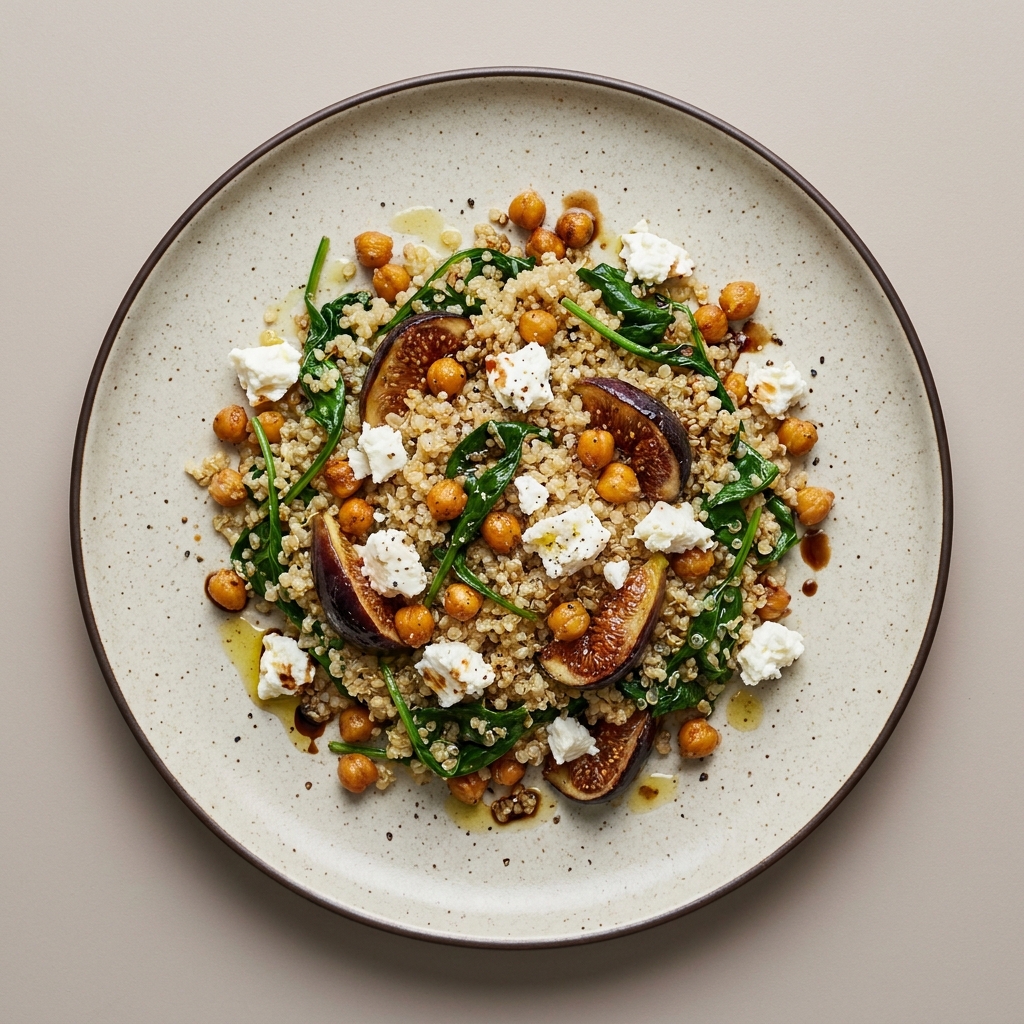 Ensalada de quinoa con espinaca, higo, garbanzo y queso feta