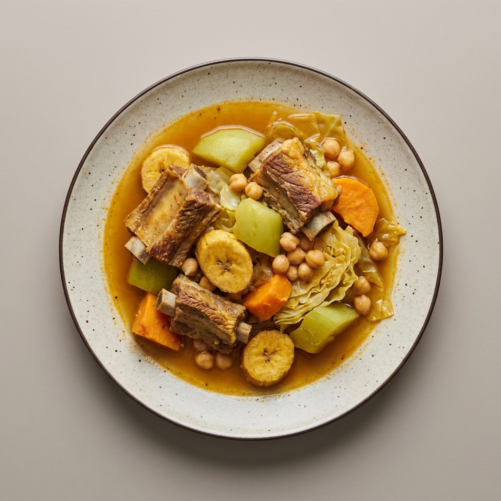 Puchero yucateco de res con garbanzo, plátano macho, camote y verduras