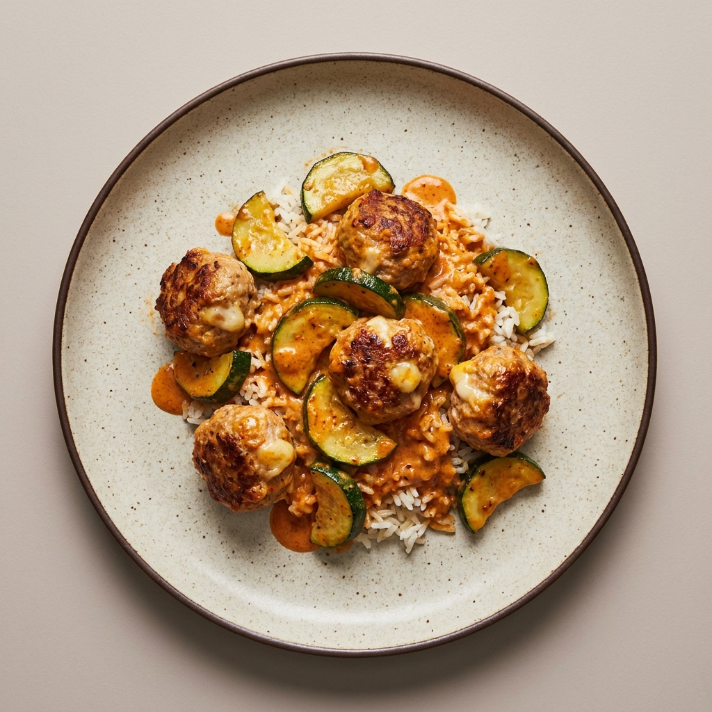 Albóndigas de pavo rellenas de queso en salsa cremosa al chipotle con calabacita y arroz