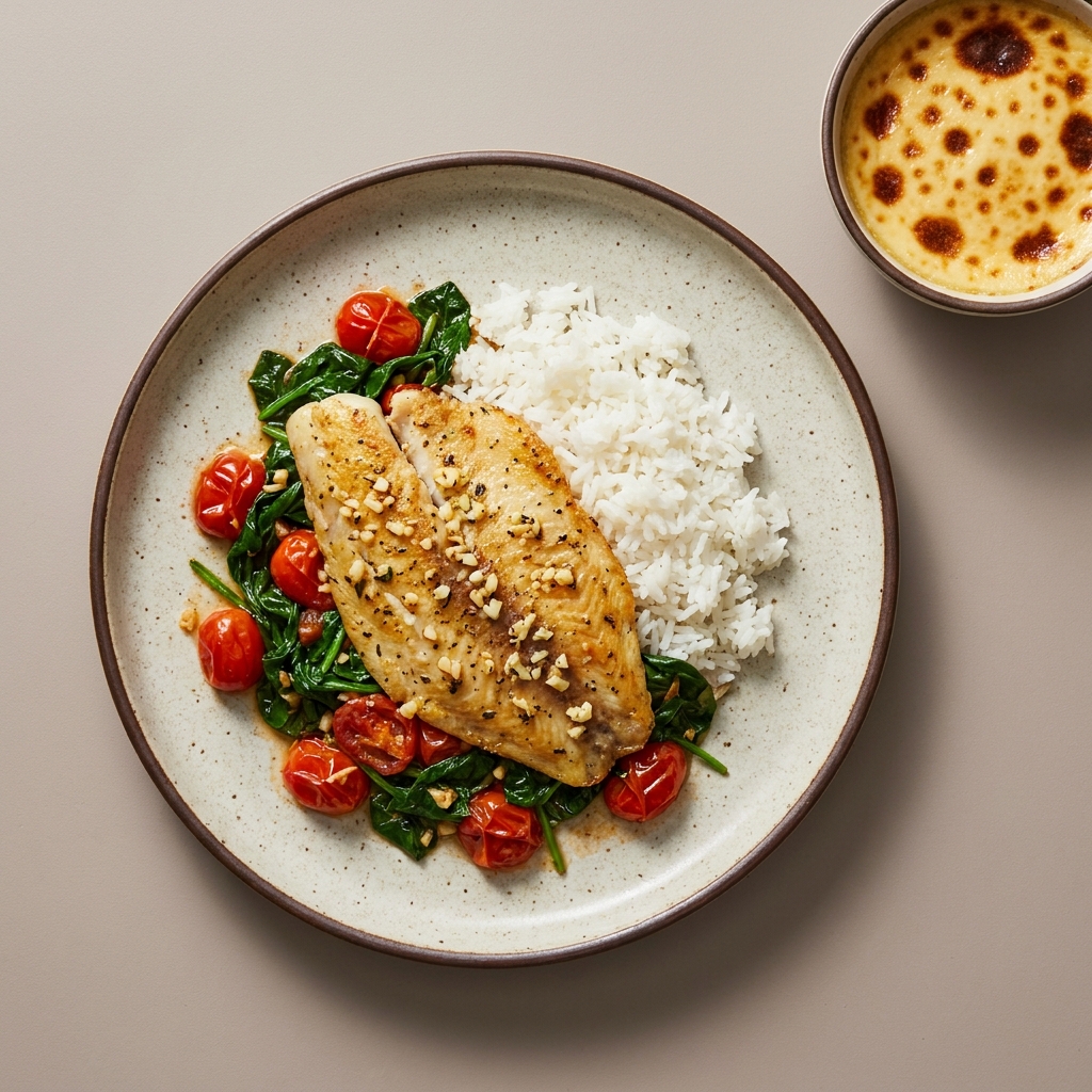 Filete de tilapia al ajo con espinaca, jitomate cherry y arroz, con bowl de jericalla