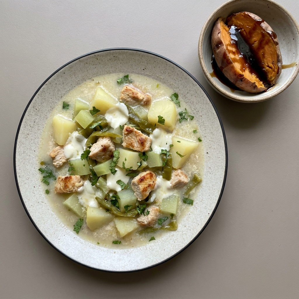 Caldo de queso con papa, chayote y pollo, con bowl de camote al piloncillo