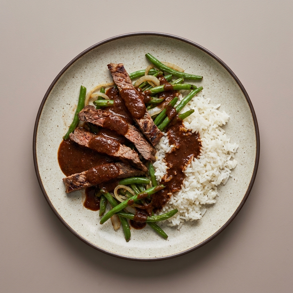 Arrachera en salsa de tamarindo y chile morita, con arroz y ejotes