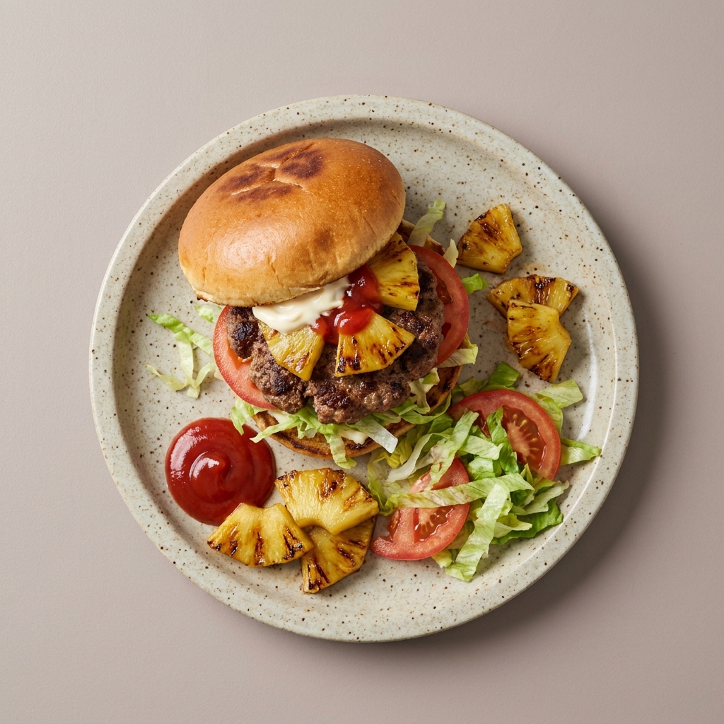 Hamburguesa hawaiana de res con piña asada, lechuga y jitomate