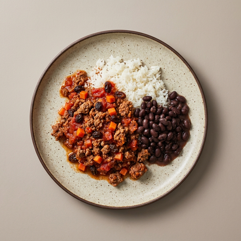 Picadillo de res dulce con arroz y frijoles de la olla