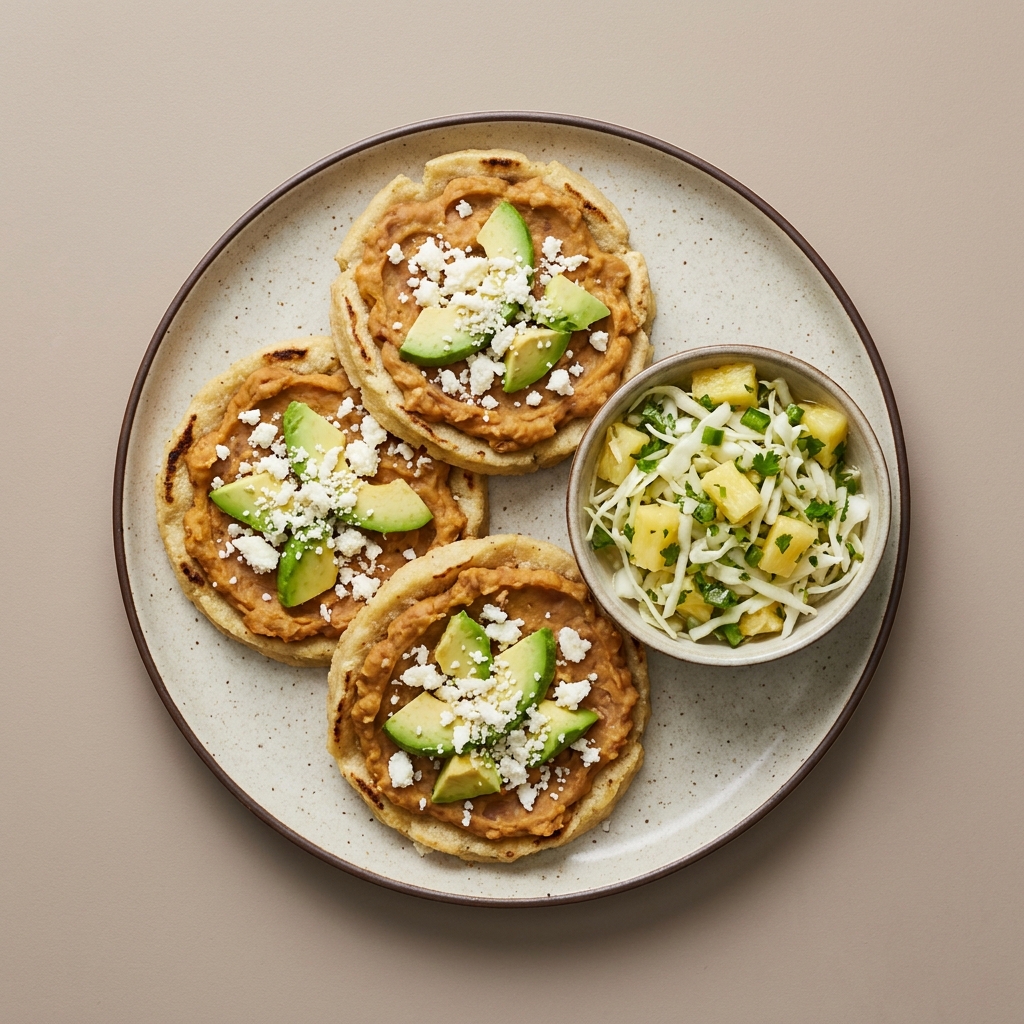 Sopes de frijol con queso cotija y aguacate, con bowl de ensalada de col y piña