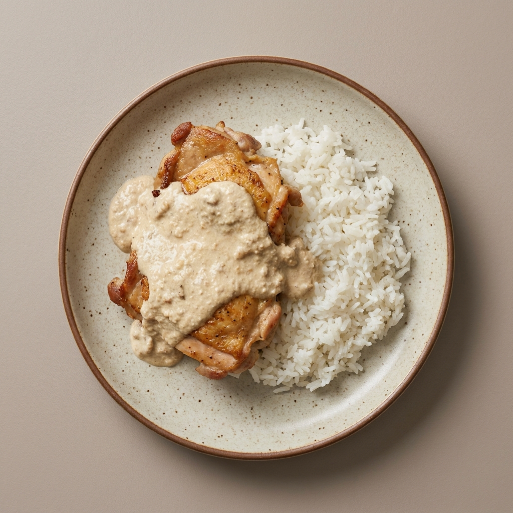 Pollo en salsa cremosa de nuez y queso ricotta con arroz blanco